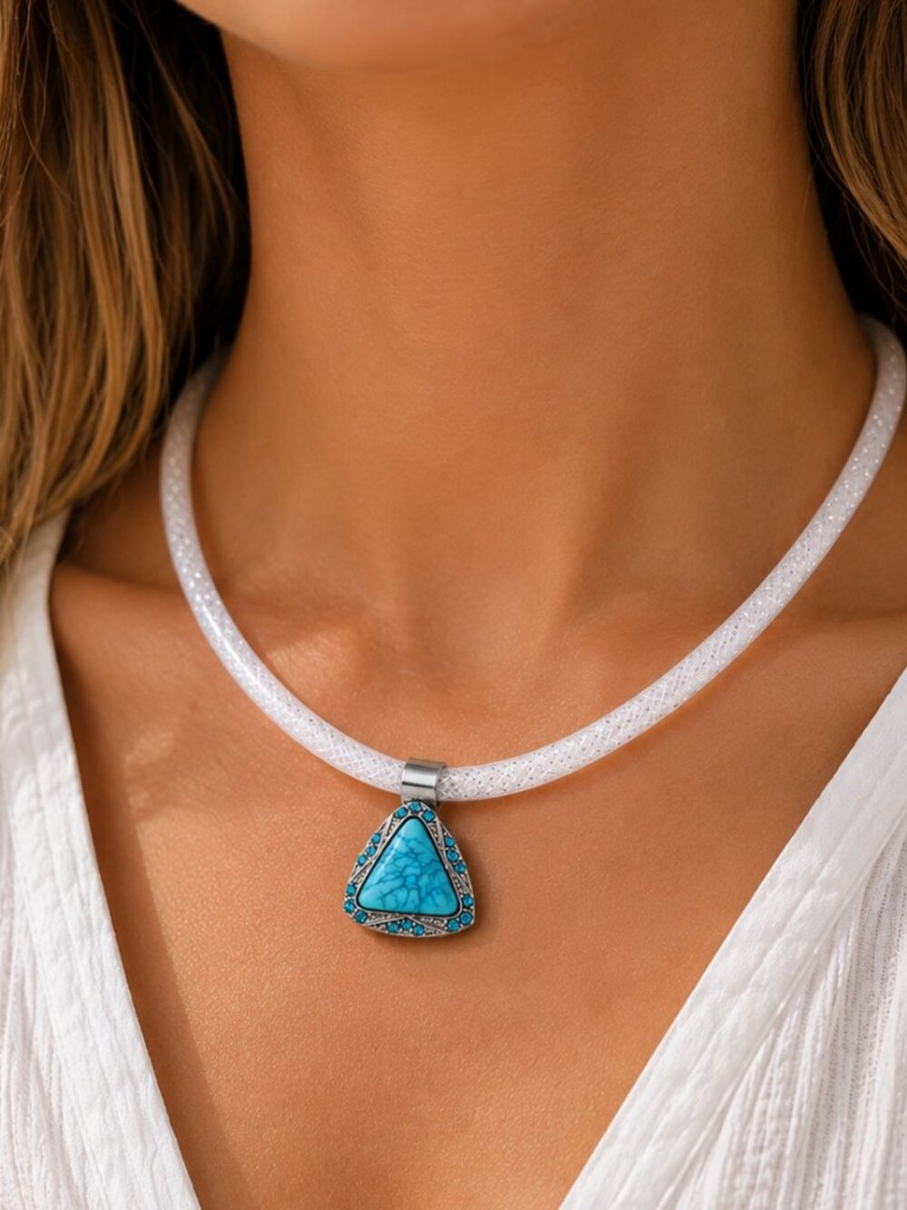 White Mesh Snap Necklace Turquoise Rhinestone Triangle Interchangeable Pendant